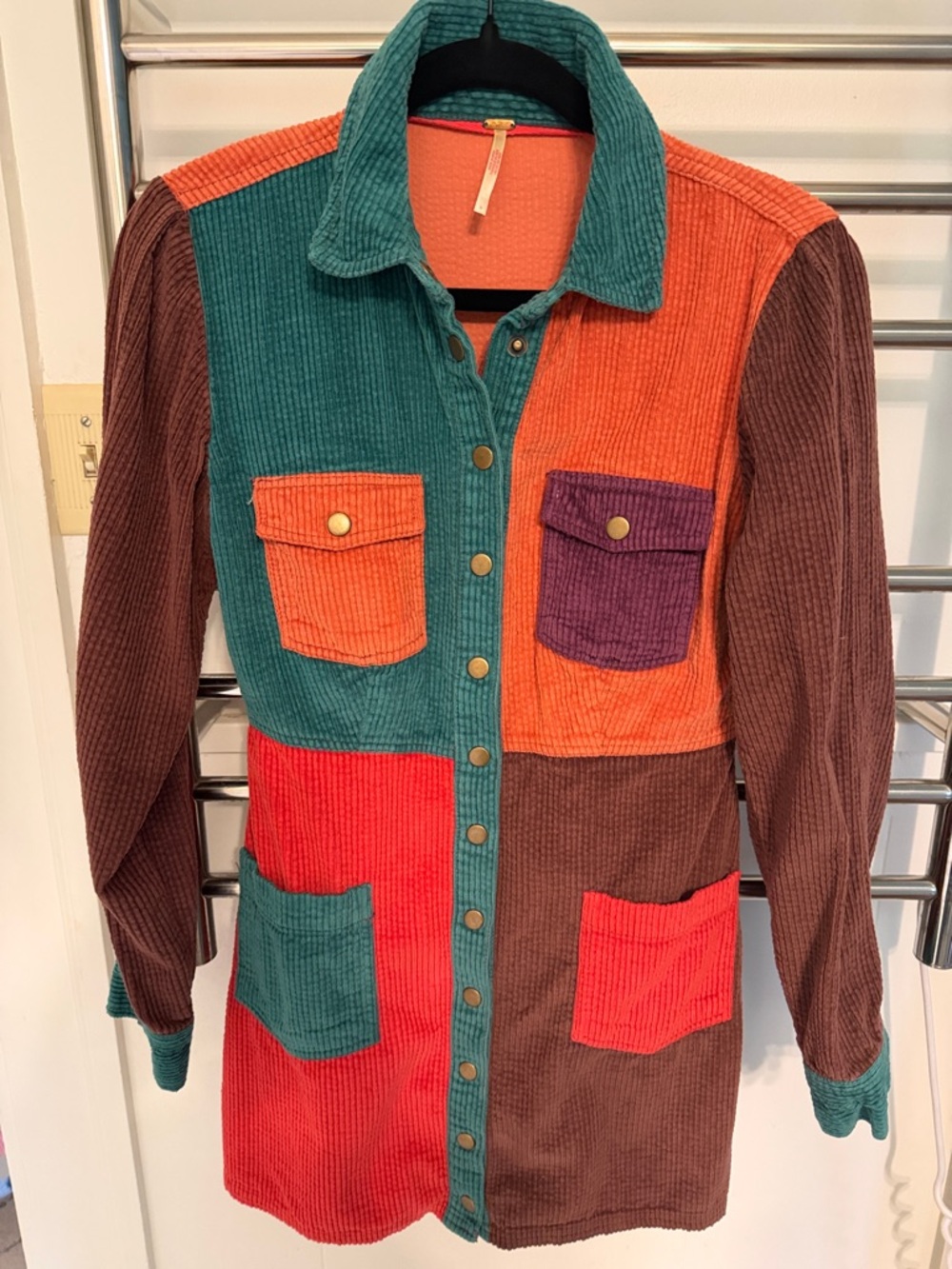 Colorblock Corduroy snap-Front Dress - Teal, Orange, Red, Brown, Purple